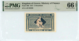 Greece
Kingdom of Greece (ΒΑΣΙΛΕΙΟΝ ΤΗΣ ΕΛΛΑΔΟΣ)
Ministry of Finance
2 Drachmai, 27 October 1917
S/N A/33 69260
Pick 306; Pitidis 267a

Graded Gem Unc...