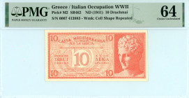Greece
Italian Occupation - Cassa Mediterranea 10 Drachmai, ND (1941)
S/N 0007 413883
Watermark: Cell Shape Repeated
Pick M2; Pitidis 338

Graded Choi...