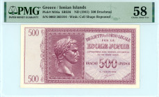 Greece
Italian Occupation - Ionian Islands 
500 Drachmai, ND (1941)
S/N 0003 203184
Watermark: Cell Shape Repeated 
Pick M16a; Pitidis 351

Graded Cho...