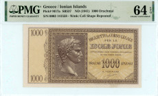 Greece
Italian Occupation - Ionian Islands 
1000 Drachmai, ND (1941)
S/N 0003 141558
Watermark: Cell Shape Repeated 
Pick M17a; Pitidis 352

Graded Ch...