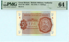 Greece
British Military Authority
5/- Shillings, ND (1943)
S/N No Serial, K Series 
Pick M4; Pitidis 437

Graded Choice Uncirculated 64 PMG.