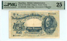 Mauritius 
British Administration 
5 Rupees, ND (1930)
S/N B815469
Printer: W&S
Watermark: Ship - Government of Mauritius 
Pick 20

Graded Very Fine 2...
