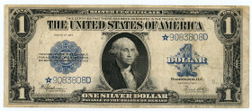 USA
Silver Certificate Star Note
$1, 1923 
S/N *9083808D pp H
Signatures Speelman and White
Fr. 237*

About Very Fine.

From the ''Yankee'' Collection...