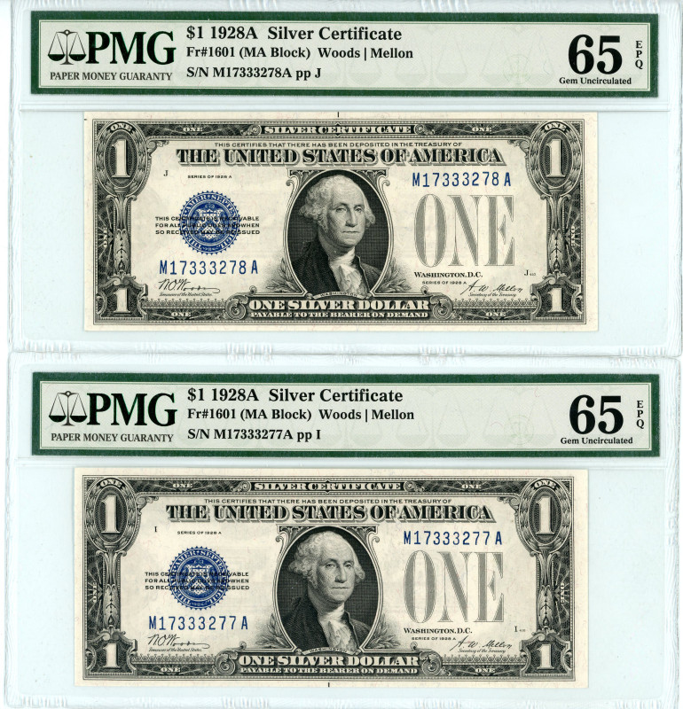USA
Lot of 2 banknotes comprising $1, 1928A (2)
S/N M17333277A pp I and M1733327...