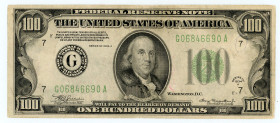 USA
Federal Reserve Note Chicago
$100, 1934A
S/N G06846690A pp F
Signatures Julian and Morgenthau
Fr. 2152-Gdgs Dark Green

Very fine, minor written c...