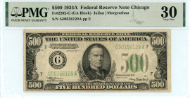 USA
Federal Reserve Note Chicago
$500, 1934A
S/N G00356129 A, pp E
Signature Julian & Morgenthau
Fr. 2202-G (GA Block)

Graded Very Fine 30 PMG.