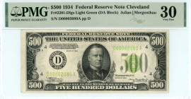 USA
Federal Reserve Note Cleveland
$500, 1934
S/N D00002080 A, pp D
Signature Julian & Morgenthau
Light Green (DA Block)
Fr. 2201-Dlgs

Graded Very Fi...