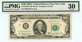 USA
Federal Reserve Note New York
$100, 1963A
S/N B00472318* pp E
Signatures Granahan and Fowler
Fr. 2163-B* (B* Block)

Graded Very Fine 30, Ink PMG....