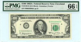 USA
Federal Reserve Note Cleveland
$100, 1963A
S/N D00026960A pp D
Signatures Granahan and Fowler
Fr. 2163-D (DA Block)

Graded Superb Gem Unc 66 EPQ ...