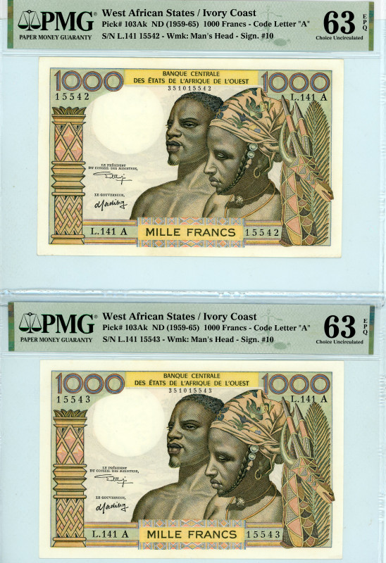 West African States - Ivory Coast
Lot of 2 banknotes comprising 1000 Francs (2),...