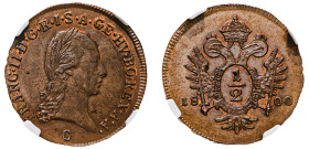 Holy Roman Empire, Franz II, 1792-1806. 1/2 Kreuzer, 1800 C, Prague mint (KM2108).

Soft milk chocolate patina with underlying mint red lustre, except...