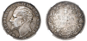 Bulgaria, Ferdinand I, 1887-1918. 5 Leva, 1894 KB, Kremnitz mint (KM18; Dav. 61).

A problem free specimen with bold portrait and attractive tone. 

G...