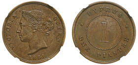 Cyprus, British Administration, Victoria, 1837-1901. Piastre, 1881, Royal mint, variety with thin “1” of value (KM3.1; Fitikides 27).

Graded AU53BN N...
