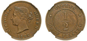 Cyprus, British Administration, Victoria, 1837-1901. 1/2 Piastre, 1882 H, Ralph Heaton & Sons mint (KM2; Fitikides 16).

Graded AU55BN NGC.

From the ...