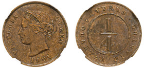 Cyprus, British Administration, Victoria, 1837-1901. 1/4 Piastre, 1901, Royal mint (KM1.2; Fitikides 12).

Medium brown glossy patina.

Graded AU53BN ...