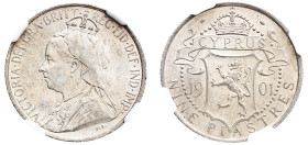Cyprus, British Administration, Victoria, 1837-1901. 9 Piastres, 1901, Royal mint (KM6; Fitikides 42).

Steel-grey tone with golden hues, sharp detail...