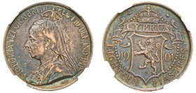 Cyprus, British Administration, Victoria, 1837-1901. 18 Piastres, 1901, Royal mint (KM7; Fitikides 43).

Attractive dark grey tone with blue hues and ...