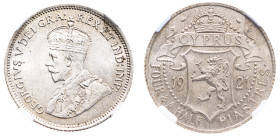 Cyprus, British Administration, George V, 1910-1936. 4 1/2 Piastres, 1921, Royal mint, (KM15; Fitikides 63).

Mirror-like surfaces and much underlying...