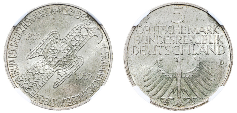 Germany, Federal Republic, 1949-. 5 Deutsche Mark, 1952 D, Centennial of the Ger...