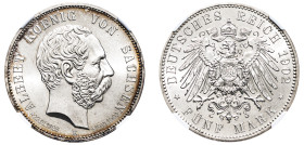 German States, Saxony (Albertinian Line), Albert I, 1873-1902. 5 Mark, 1902 E, Death of Albert, Muldenhütten mint (KM1256; Dav. 902).

A bright exampl...
