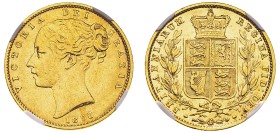 Great Britain, Victoria, 1837-1901. AV ‘Shield’ Sovereign, 1853, London mint, “WW” raised (KM736.1; S-3852C; Fr. 387e).

Graded AU55 NGC.

All shi...