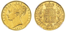 Great Britain, Victoria, 1837-1901. AV ‘Shield’ Sovereign, 1855, London mint, “WW” incused (KM736.1; S-3852D; Fr. 387e).

Graded AU58 NGC.