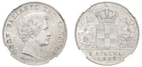 Greece, King Otto, 1832-1862. 5 Drachmai, 1833, First Type, Munich mint (KM20; Divo 10a; Dav. 115).

Exceptional specimen with much underlying lustre,...