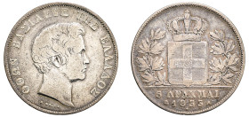 Greece, King Otto, 1832-1862. 5 Drachmai, 1833 A, First Type, Paris mint, variety with die break (Κοτσίδα) left of neck (KM20; Divo 10b; Dav. 115).

F...