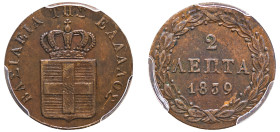 Greece, King Otto, 1832-1862. 2 Lepta, 1839, First Type, Athens mint (KM14; Divo 25g).

Medium brown tone with uniform wear.

Graded AU55 PCGS.