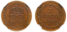 Greece, King Otto, 1832-1862. 2 Lepta, 1842, First Type, Athens mint (KM14; Divo 25i).

Uniform chocolate-brown patina with attractive eye-appeal.

Gr...