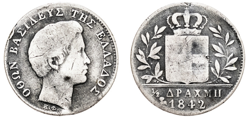 Greece, King Otto, 1832-1862. 1/2 Drachma, 1842 (o), First Type, Athens mint, Ow...