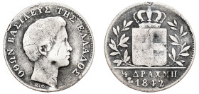 Greece, King Otto, 1832-1862. 1/2 Drachma, 1842 (o), First Type, Athens mint, Owl mintmark, 2.10g (KM19; Divo 14c).

Fine, a bump at 6 o’clock and edg...