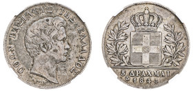 Greece, King Otto, 1832-1862. 5 Drachmai, 1844 (o), First Type, Athens mint, Owl mintmark (KM20; Divo 10d; Dav. 115).

A scarce year.

Graded VF30 NGC...
