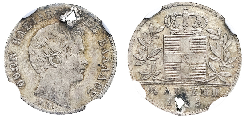 Greece, King Otto, 1832-1862. 1/4 Drachma, 1845, First Type, Athens mint (KM18; ...