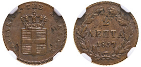 Greece, King Otto, 1832-1862. 2 Lepta, 1857, Fourth Type, Athens mint (KM31; Divo 28b).

A bold example with much underlying lustre remaining.

Graded...