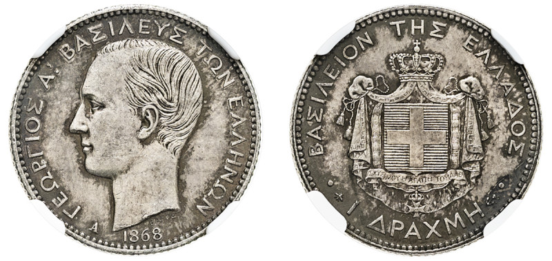 Greece, King George I, 1863-1913. Drachma, 1868 A, First Type, Paris mint (KM38;...