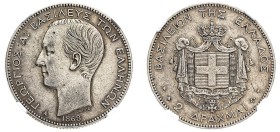 Greece, King George I, 1863-1913. 2 Drachmai, 1868 A, First Type, Paris mint (KM39; Divo 51a; IV4).

A bold example with steel-grey tone and some re...