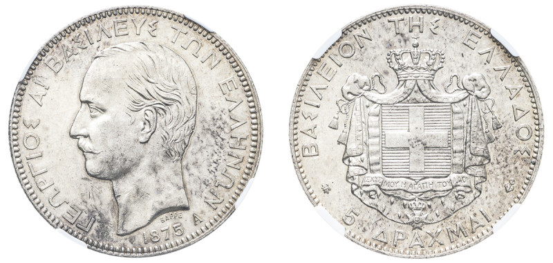 Greece, King George I, 1863-1913. 5 Drachmai, 1875 A, First Type, Paris mint (KM...