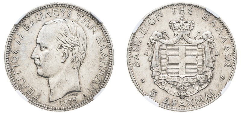 Greece, King George I, 1863-1913. 5 Drachmai, 1875 A, First Type, Paris mint, va...