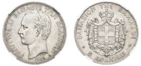 Greece, King George I, 1863-1913. 5 Drachmai, 1875 A, First Type, Paris mint, variety with reversed anchor (KM46; Divo 50a; IV10.1; Dav. 117).

A very...