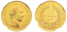 Greece, King George I, 1863-1913. AV 10 Drachmai, 1876 A, Paris mint (KM48; Divo 48; IV12; Fr. 16).

A brilliant example with mint polishing lines and...
