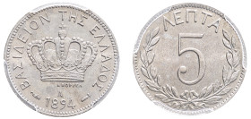 Greece, King George I, 1863-1913. 5 Lepta, 1894 A, Third Type, Paris mint (KM58; Divo 65a; IV22).

Graded MS65 PCGS.