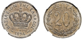 Greece, King George I, 1863-1913. 20 Lepta, 1894 A, Second Type, Paris mint (KM57; Divo 57b; IV21).

Bold example with cartwheel lustre.

Graded MS64 ...