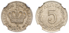 Greece, King George I, 1863-1913. 5 Lepta, 1895 A, Third Type, Paris mint (KM58; Divo 65b; IV22).

Graded MS65 NGC.