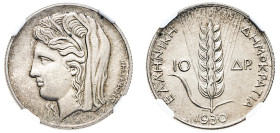 Greece, First Republic, 1924-1935. 10 Drachmai, 1930, London mint (KM72; Divo 105).

Light cabinet-grey tone and strong details throughout.

Graded MS...