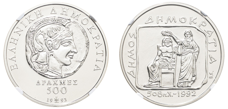 Greece, Third Republic, 1974-. AR Proof 500 Drachmai, 1993, Athens mint (KM160)....