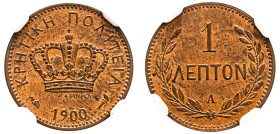 Greece, Crete, Prince George, 1898-1906. Lepton, 1900 A, Paris mint (KM1.1; Divo 138a).

Graded MS64RB NGC.

From the collection of a Gentleman.