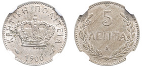 Greece, Crete, Prince George, 1898-1906. 5 Lepta, 1900 A, Paris mint (KM3; Divo 136).

Graded MS64 NGC.