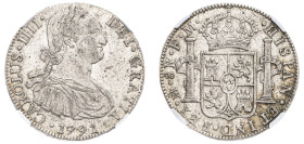 Mexico, Charles IV, 1788-1808. 8 Reales, 1791 Mo FM, Mexico City mint (KM109).

Steel-grey tone with sharp details and reflective surfaces. 

Graded M...