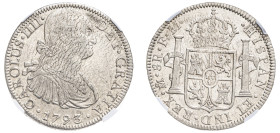 Mexico, Charles IV, 1788-1808. 8 Reales, 1793 Mo FM, Mexico City mint (KM109).

Steel-grey tone with remaining lustre and great eye-appeal.

Graded AU...